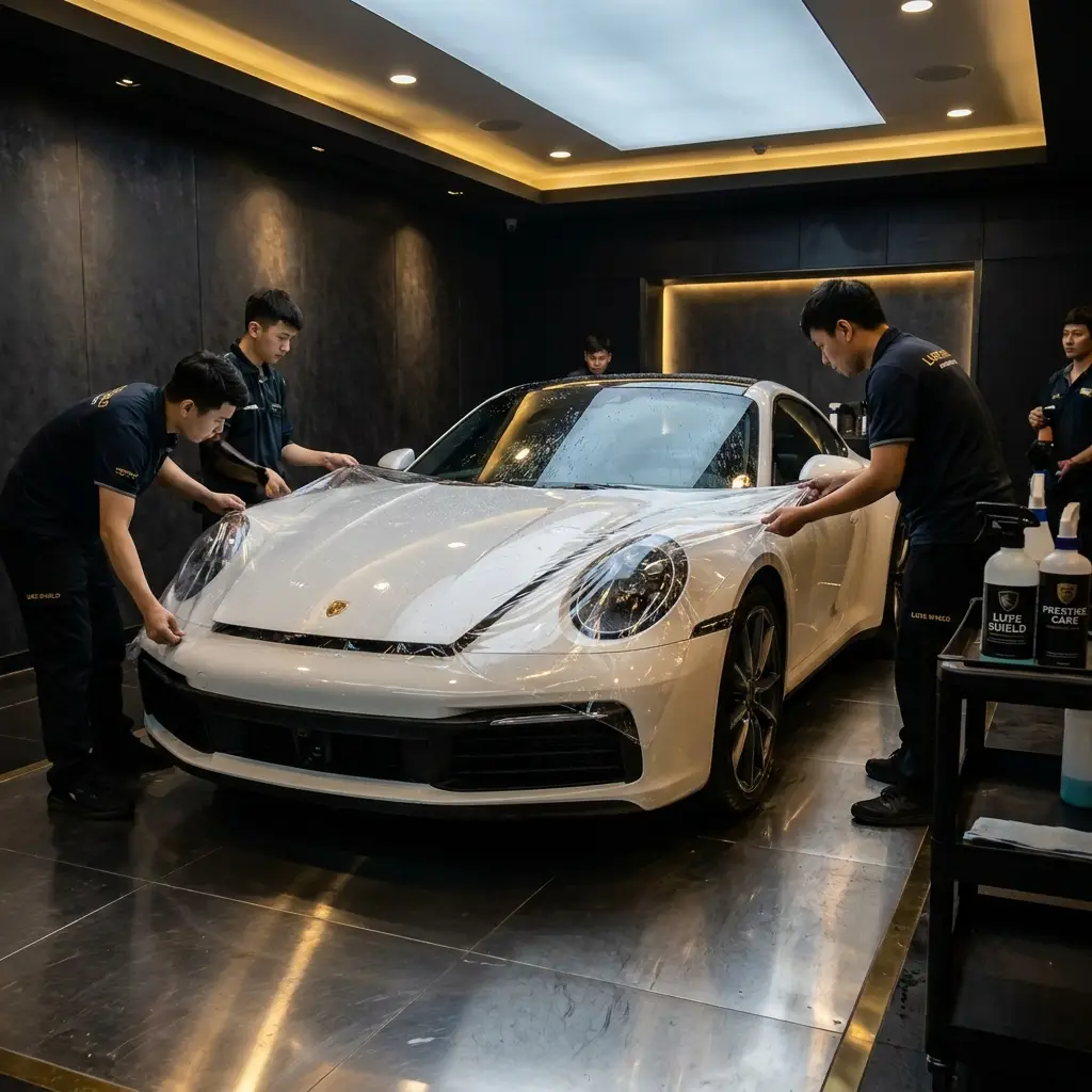 Full body paint protection film on a white luxury supercar in Dubai