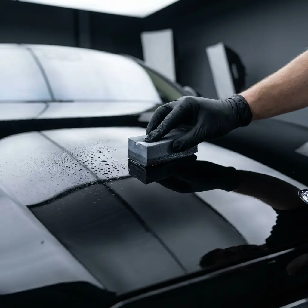 Ceramic coating applied to a glossy black luxury car bonnet