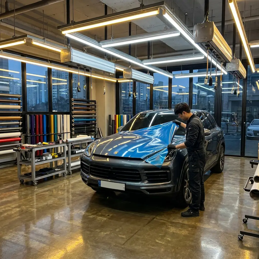 Luxury SUV being wrapped in glossy color vinyl film in Dubai