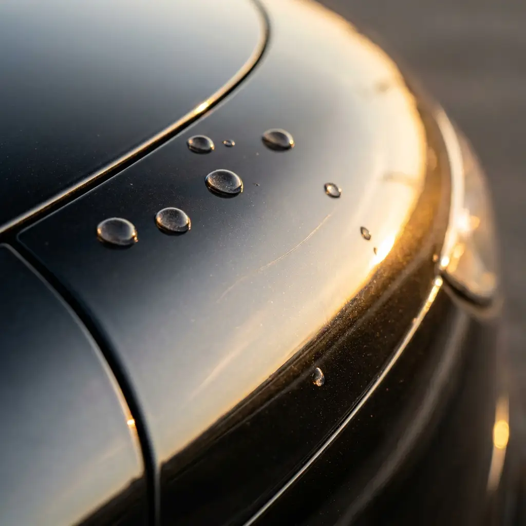 Macro close-up of self-healing PPF with water beading on car paint