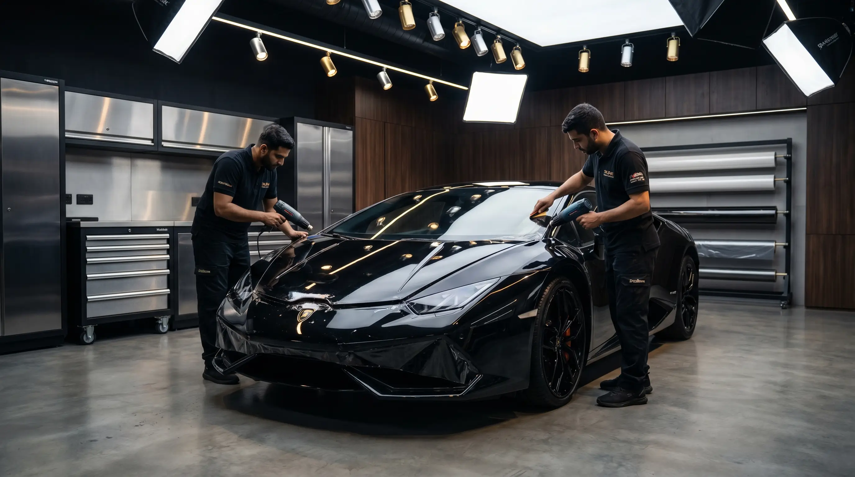 Black luxury supercar with PPF in a premium Dubai detailing studio